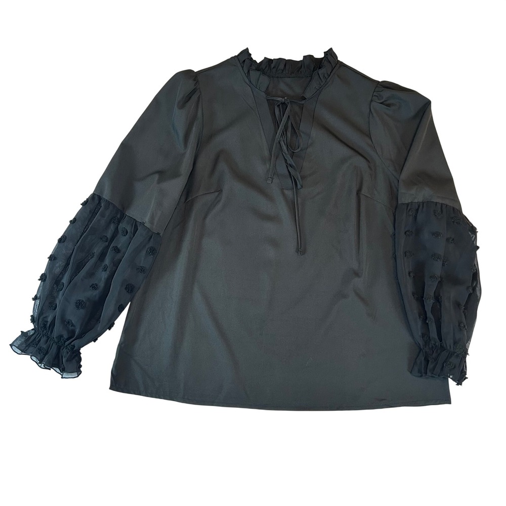 Shein Curve Black Tie Neck Blouse Swiss Dot Puff Sleeve 0XL Plus Size‎ Top